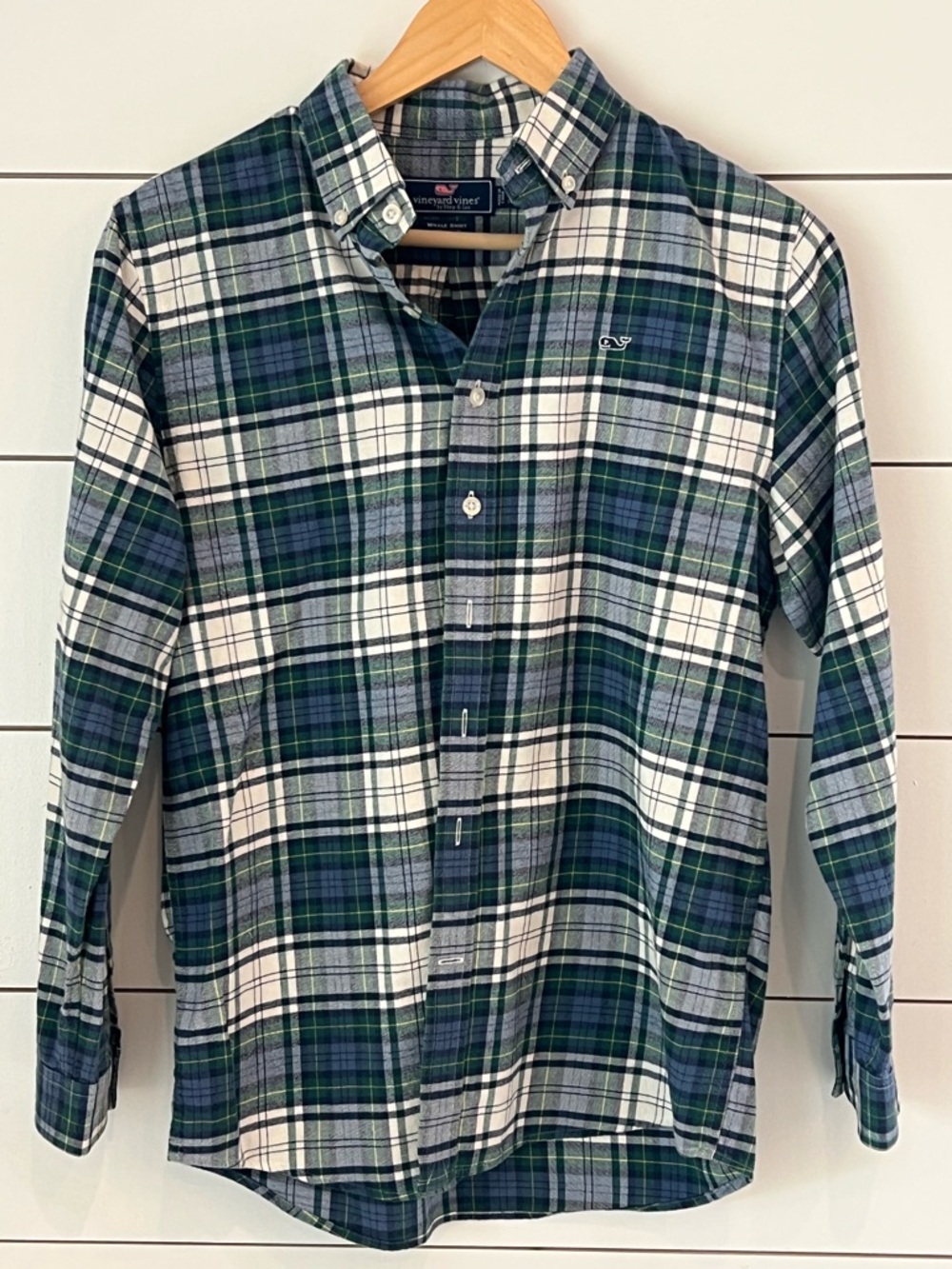 Vineyard Vines Blue, Green and White Plaid Button-Down Whale Shirt Large